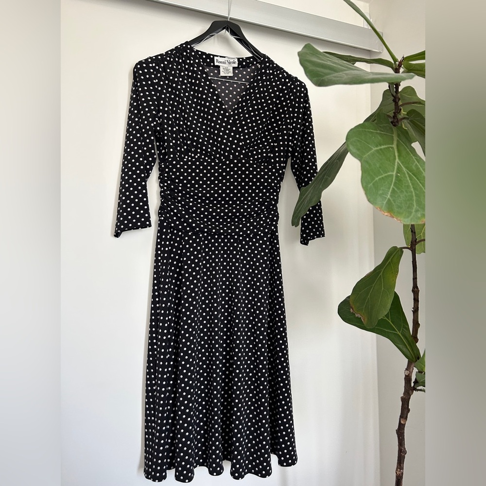 VINTAGE - Ronni Nicole Black with White Polka Dots Dress, 3/4 Sleeve V-Neck
